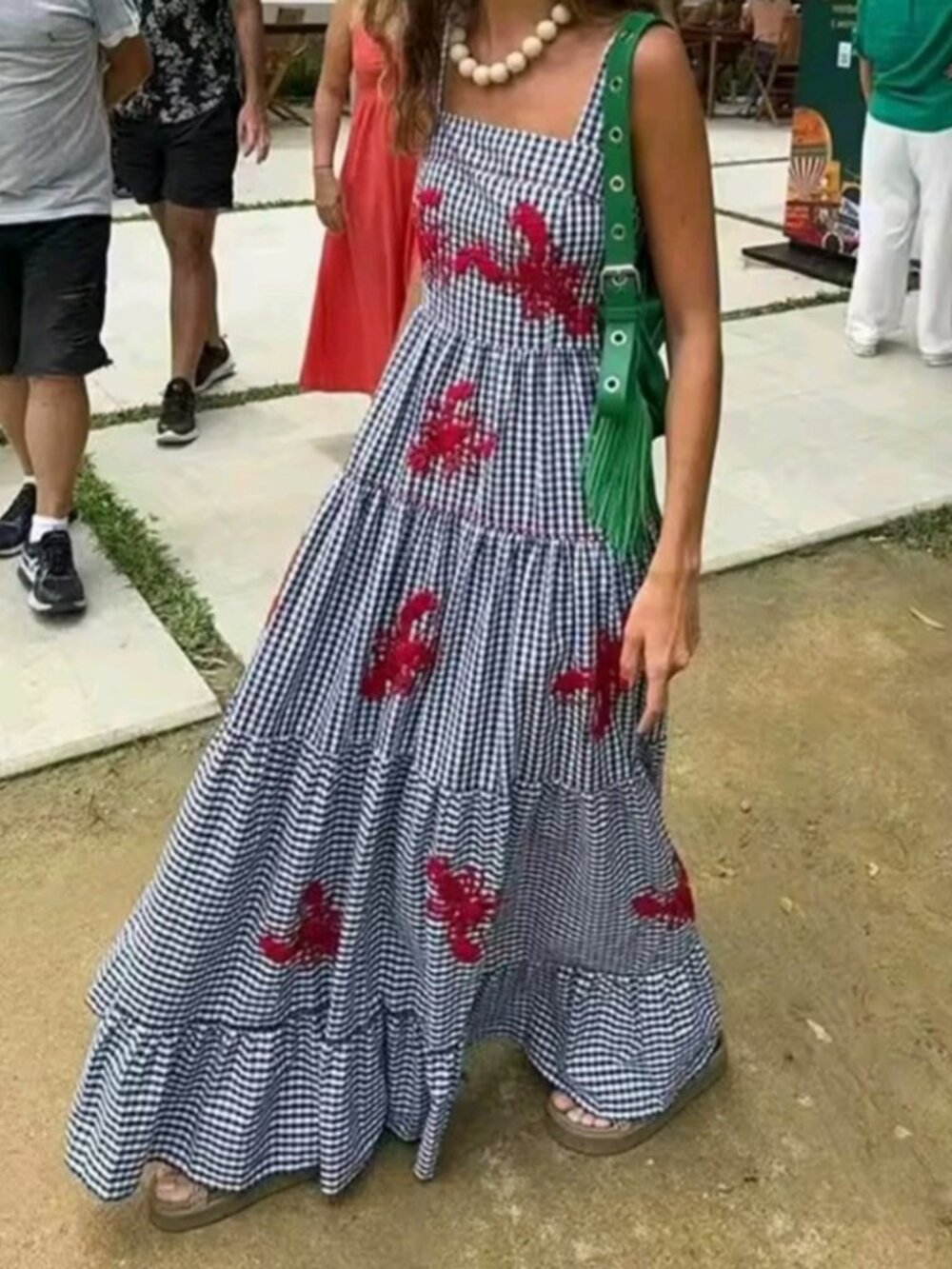 Plaid Slip Long Dress Woman Embroidery Ruffle Summer Dresses  Sleeveless Beach